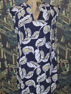J CREW Tropical Frond Navy White Yellow Print Linen Shift Dress sz XS